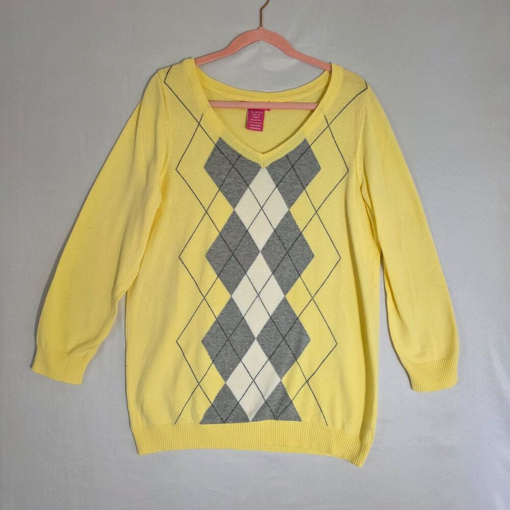 Woman within Argyle V-neck Long Sleeves Pullover sweater yellow sz M